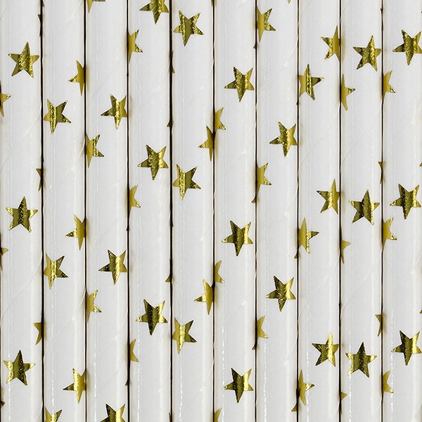 Slamky papierové so zlatými hviezdami - biele
